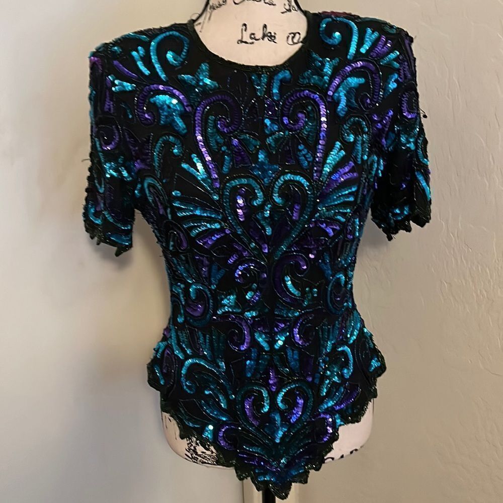 Vintage Laurence Kazar Sequin Design Top Bling Glam Sparkle Feminine Glitz